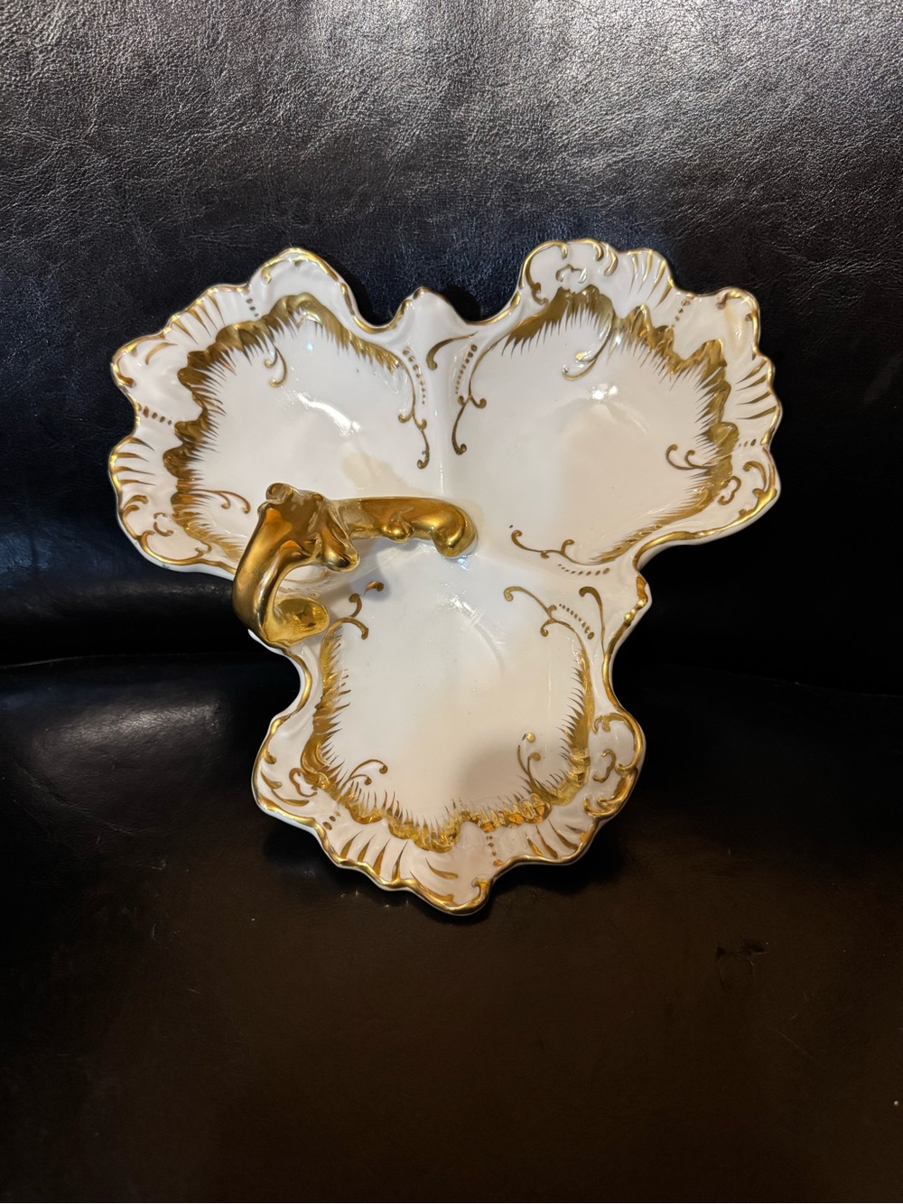 Antique  3 section Limoges Porcelain serving dish made in France circa 1900 gold